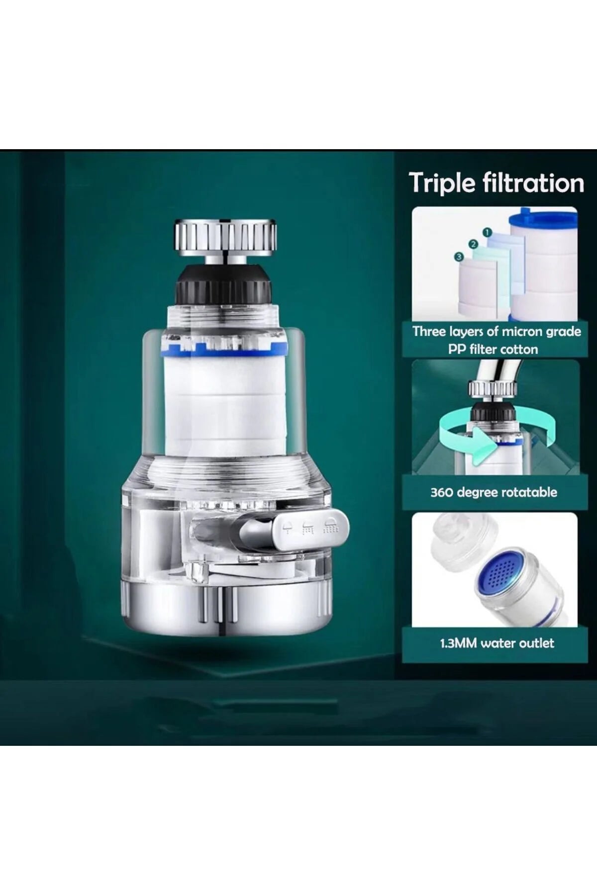 Bodhair Kireç Önleyici, Filtreli Musluk Başlığı 3 Kademeli 360 Derece Döner